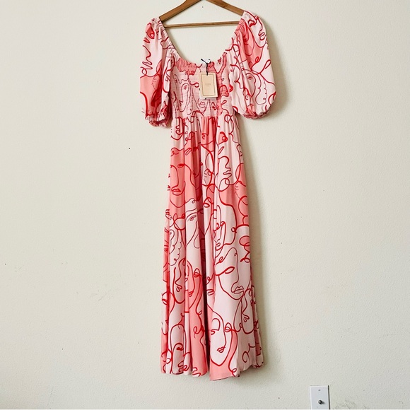 NWT La Ligne MEDIUM Lola Shirred Printed 100% silk pink midi dress - Picture 3 of 13